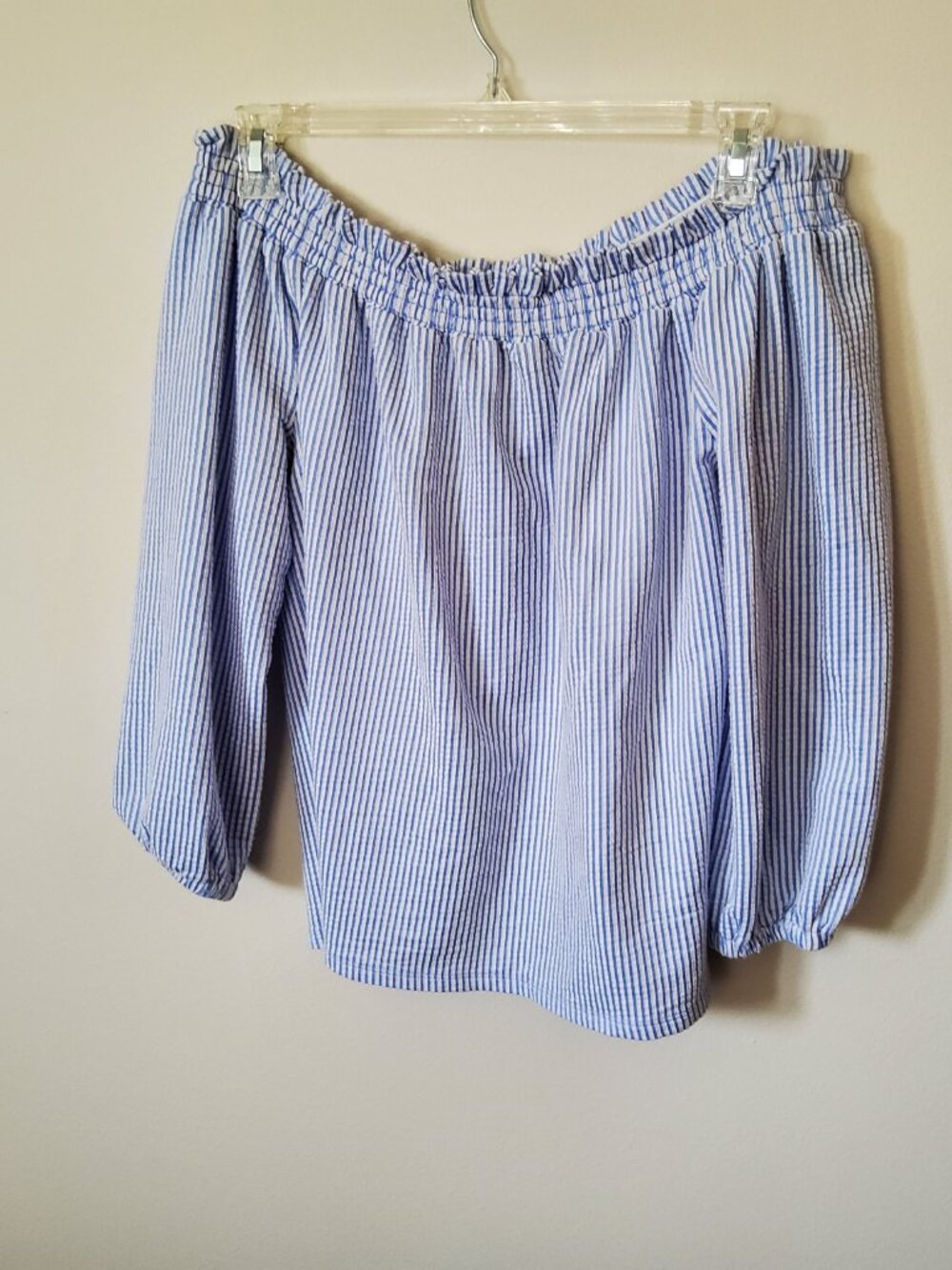 Michael Kors Blue and White stripped off shoulder top size L
